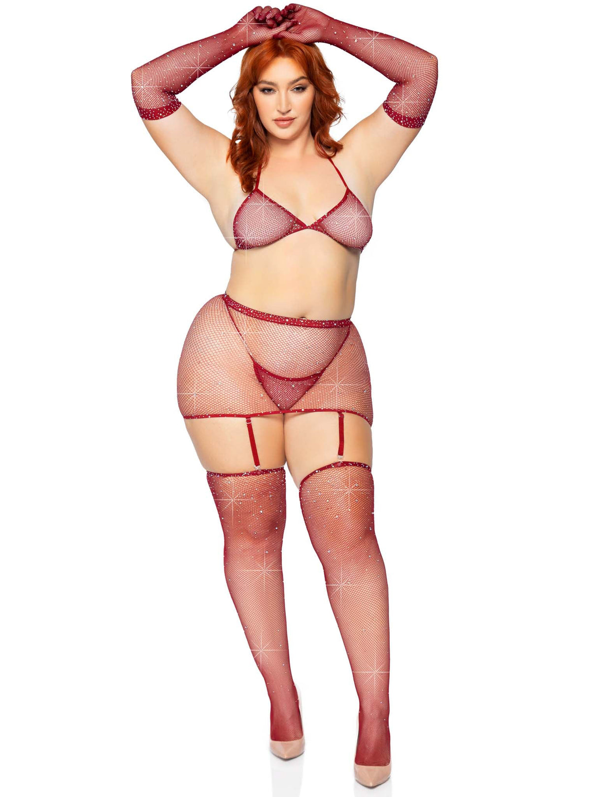 Leg Avenue 5-Piece Rhinestone Fishnet Lingerie Set — Queen Size (1X/2X) Burgundy - LA-81617XBUR