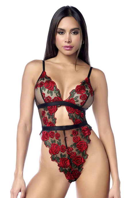 Mapale High-Cut Sheer Teddy, Small/Medium — Black with Red Rose Embroidery - GE-8961BRSM