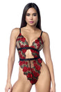 Mapale High-Cut Sheer Teddy, Small/Medium — Black with Red Rose Embroidery - GE-8961BRSM