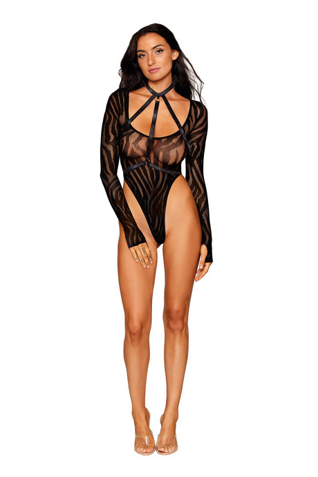Dreamgirl Swirl Knit Teddy with Harness — One Size (Black) - DG-13266BLKOS