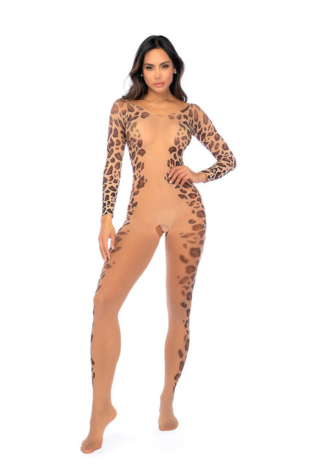 Mapale Leopard Print Long-Sleeve Mesh Bodystocking — One Size - GE-1143LEPOS