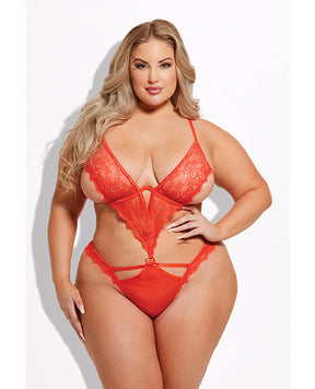 Nadia Lace & Mesh Cutout Teddy - Grenadine Dark Orange 1X/2X by House of Desire