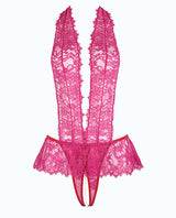 Jocelyn Lace Halter Teddy w/Open Crotch - Raspberry MD by House of Desire
