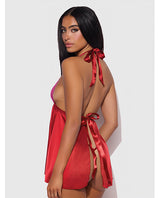 Jocelyn Lace & Satin Halter Mini Babydoll Dress w/Thong - Raspberry 3X/4X by House of Desire