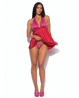 Jocelyn Lace & Satin Halter Mini Babydoll Dress w/Thong - Raspberry 3X/4X by House of Desire