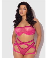 Yvone Lace Bra w/Removable Straps, Garter & Tanga Panty 3 pc Set - Pink 1X/2X by House of Desire