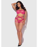 Yvone Lace Bra w/Removable Straps, Garter & Tanga Panty 3 pc Set - Pink 1X/2X by House of Desire