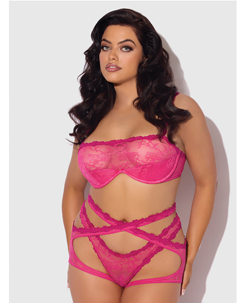 Yvone Lace Bra w/Removable Straps, Garter & Tanga Panty 3 pc Set - Pink 3X/4X by House of Desire