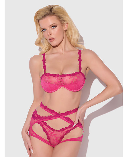 Yvone Lace Bra w/Removable Straps, Garter & Tanga Panty 3 pc Set - Pink MD by House of Desire
