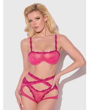 Yvone Lace Bra w/Removable Straps, Garter & Tanga Panty 3 pc Set - Pink MD by House of Desire