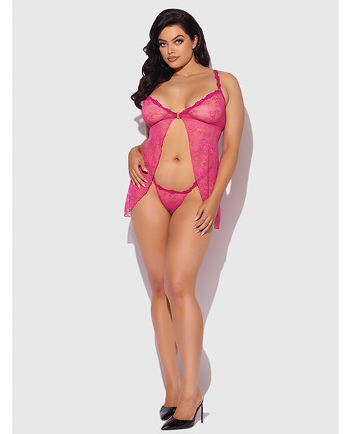 Yvone Lace Babydoll w/Front Closure & G-String 2 pc Set - Pink 3X/4X by House of Desire