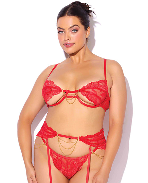 Cecily Lace Cut-Out Bra & Thong w/Garter Straps - Red 1X/2X by House of Desire