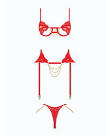 Cecily Lace Cut-Out Bra & Thong w/Garter Straps - Red 3X/4X by House of Desire