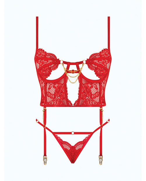 Cecily Lace & Mesh Bustier w/Thong & Garter Straps - Red 1X/2X by House of Desire