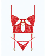 Cecily Lace & Mesh Bustier w/Thong & Garter Straps - Red 3X/4X by House of Desire