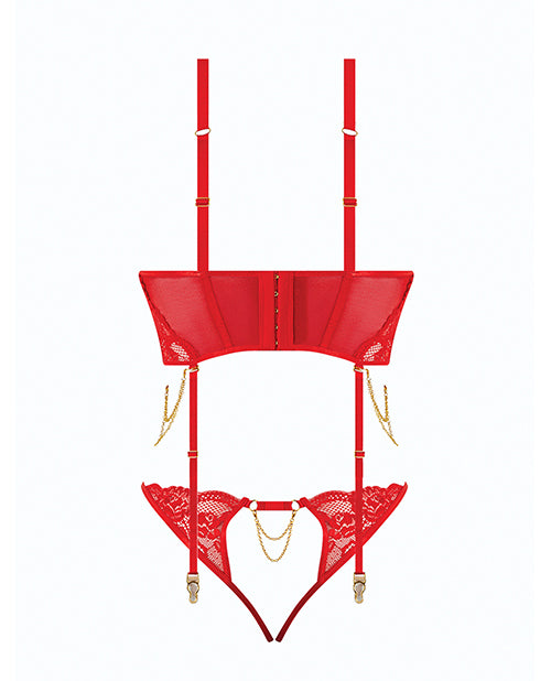 Cecily Lace & Mesh Bustier w/Thong & Garter Straps - Red MD by House of Desire