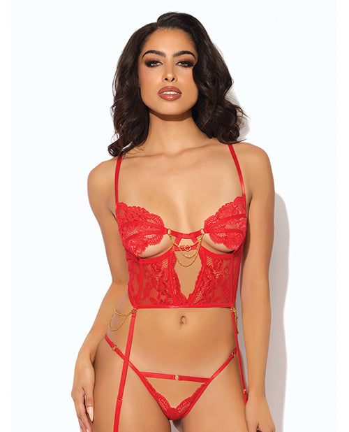 Cecily Lace & Mesh Bustier w/Thong & Garter Straps - Red XL by House of Desire