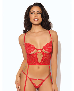 Cecily Lace & Mesh Bustier w/Thong & Garter Straps - Red XL by House of Desire