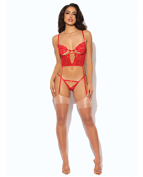 Cecily Lace & Mesh Bustier w/Thong & Garter Straps - Red XL by House of Desire