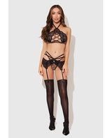 Felicia Mesh and Lace Bralette w/Garter & G-String 3 pc Set - Leopard LG by House of Desire