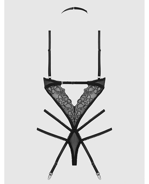 Eden Embroidered Lace & Mesh Teddy w/Garters - Black SM by House of Desire