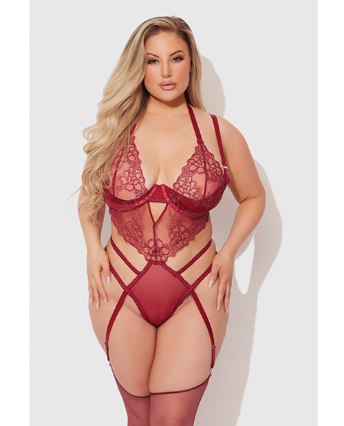 Eden Embroidered Lace & Mesh Teddy w/Garters - Dark Red 3X/4X by House of Desire