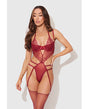Eden Embroidered Lace & Mesh Teddy w/Garters - Dark Red LG by House of Desire