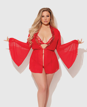 Dragon Sheer Mesh Robe w/Satin Triangle Top & G-String 3 pc Set - Red 3X/4X by House of Desire