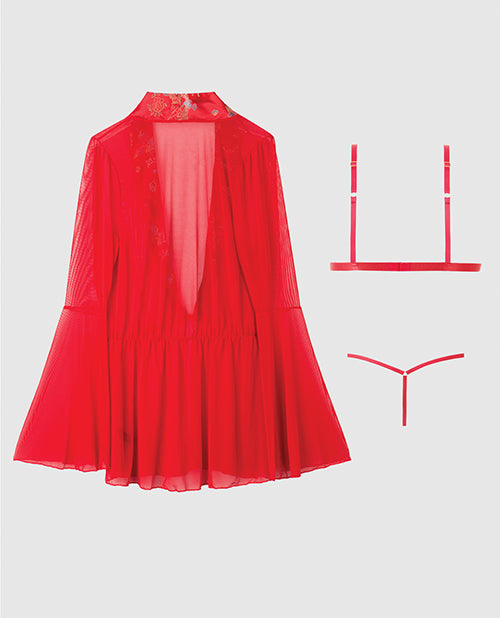 Dragon Sheer Mesh Robe w/Satin Triangle Top & G-String 3 pc Set - Red LG by House of Desire
