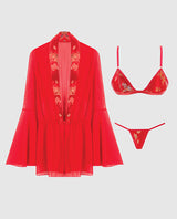 Dragon Sheer Mesh Robe w/Satin Triangle Top & G-String 3 pc Set - Red MD by House of Desire