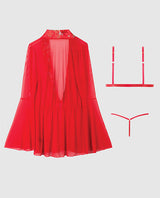 Dragon Sheer Mesh Robe w/Satin Triangle Top & G-String 3 pc Set - Red MD by House of Desire