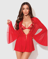 Dragon Sheer Mesh Robe w/Satin Triangle Top & G-String 3 pc Set - Red SM by House of Desire
