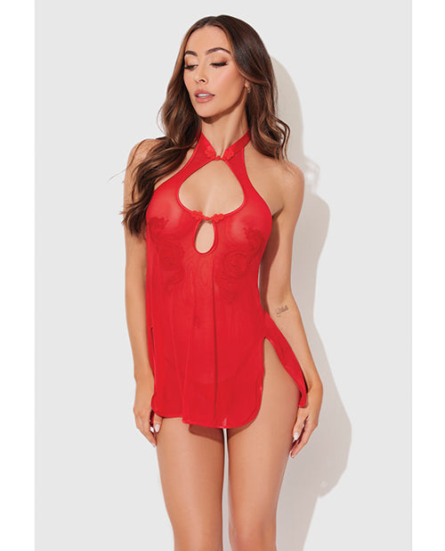 Dragon Mesh & Applique Chemise w/G-String 2 pc Set - Red SM by House of Desire