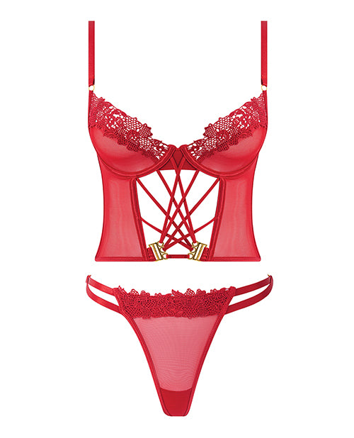 Ashley Alexiss Bustier w/Front Lace Up Ribbon Details & Matching High Cut Thong - Red 1X/2X by House of Desire