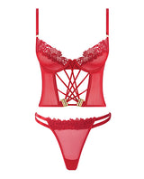 Ashley Alexiss Bustier w/Front Lace Up Ribbon Details & Matching High Cut Thong - Red LG by House of Desire