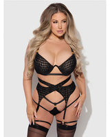 Snake Velvet-Burnout Mesh Bra, Garter, & Backless Hipster Set - Black 1X/2X by House of Desire