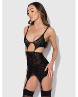 Snake Velvet-Burnout Mesh Chemise & G-String Set - Black MD by House of Desire