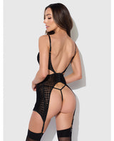 Snake Velvet-Burnout Mesh Chemise & G-String Set - Black SM by House of Desire