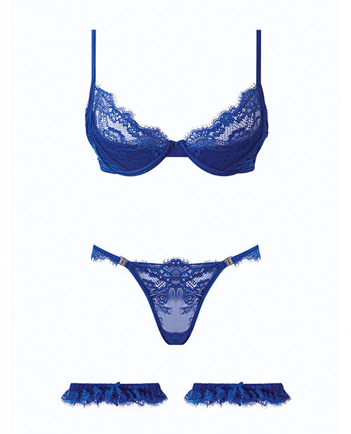 Madeline Lace & Mesh Bra, Garters, & Panty - Cobalt Blue SM by House of Desire