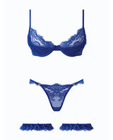 Madeline Lace & Mesh Bra, Garters, & Panty - Cobalt Blue SM by House of Desire