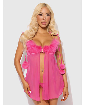 Marilyn Marabou & Mesh Babydoll & G-String Set - Pink 1X/2X by House of Desire