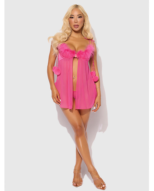 Marilyn Marabou & Mesh Babydoll & G-String Set - Pink 1X/2X by House of Desire