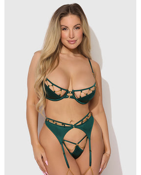 Evangeline Satin & Chain Push Up Bra, Thigh Garter Belt & G-String Set - Green 3X/4X by House of Desire