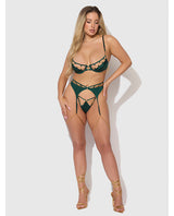 Evangeline Satin & Chain Push Up Bra, Thigh Garter Belt & G-String Set - Green LG by House of Desire