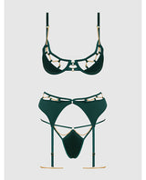 Evangeline Satin & Chain Push Up Bra, Thigh Garter Belt & G-String Set - Green XL by House of Desire