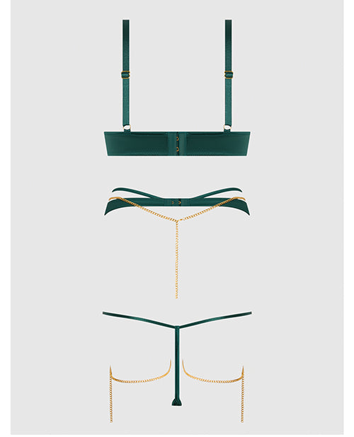 Evangeline Satin & Chain Push Up Bra, Thigh Garter Belt & G-String Set - Green XL by House of Desire