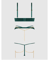 Evangeline Satin & Chain Push Up Bra, Thigh Garter Belt & G-String Set - Green XL by House of Desire