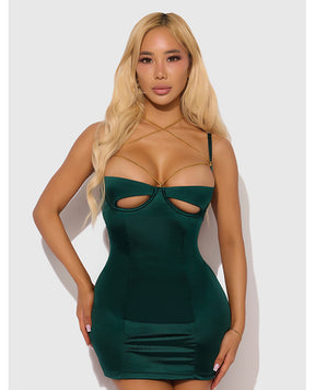 Evangeline Satin & Chain Open Cup & Back Chemise & G-String Set - Green LG by House of Desire