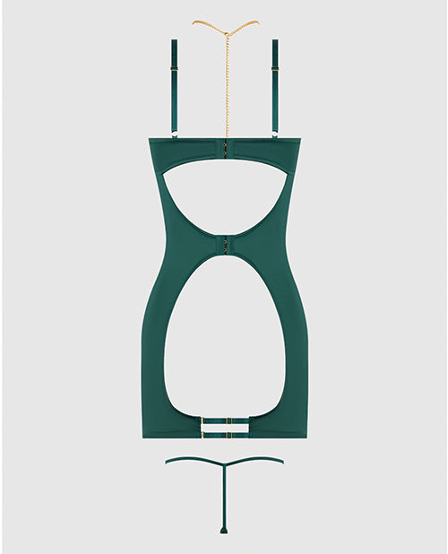 Evangeline Satin & Chain Open Cup & Back Chemise & G-String Set - Green LG by House of Desire
