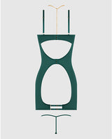 Evangeline Satin & Chain Open Cup & Back Chemise & G-String Set - Green LG by House of Desire